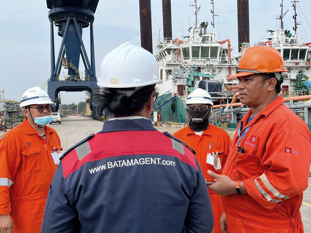 Batam Shipping Agency personnel discussing with ASL Shipyard representatives regarding the planned relocation of AHTS vessel Asgard for repair and re-activation, organized by PT. Bisa Jasa Segara, a ship agency company based in Batam, Indonesia.