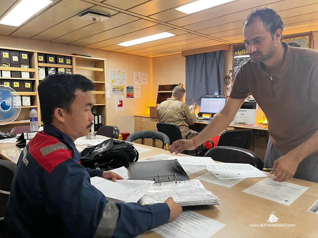 PT. Bisa Jasa Segara also known as Batam Shipping Agency personnel onboard the vessel for coordination with the vessel's master.
