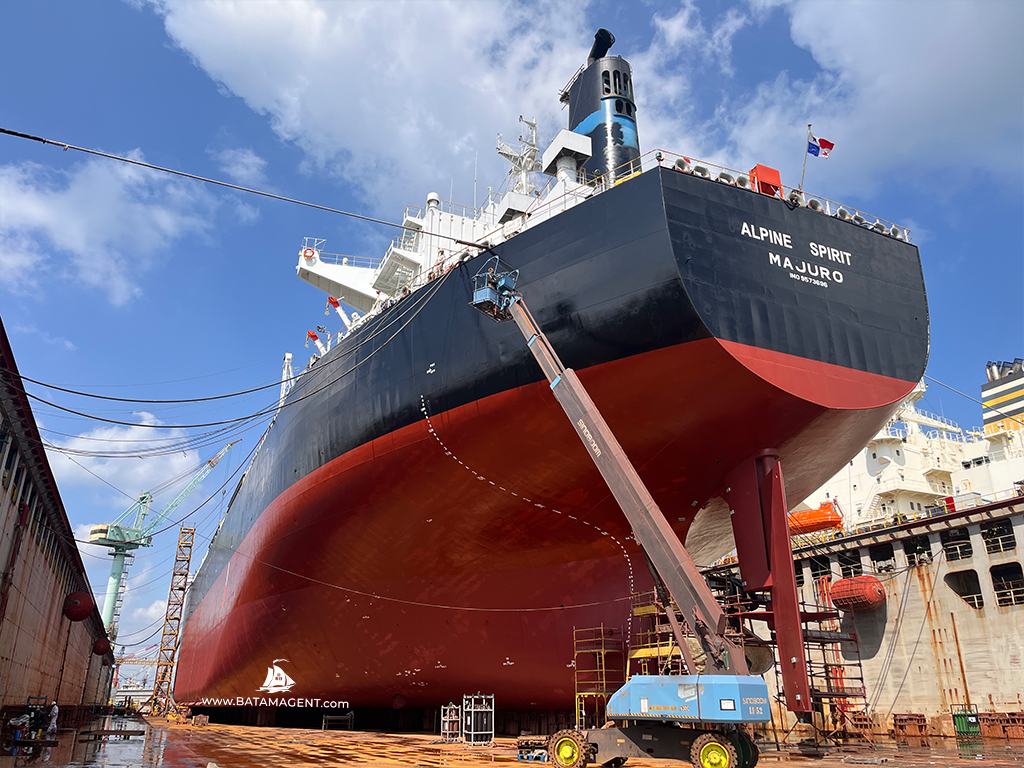 MT Alpine Spirit after hull repair and repainting during docking at Batam shipyard. All agency matter was handled by Batam Shipping Agency.