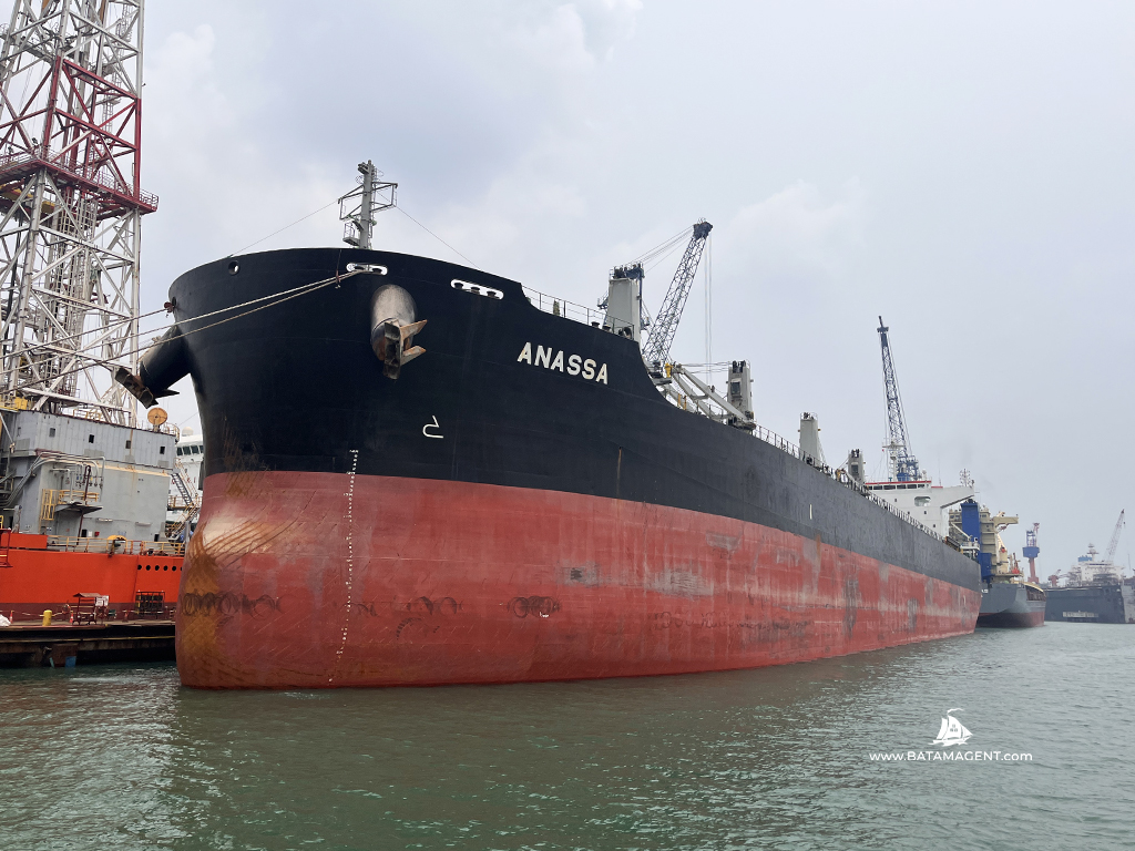 View of MV ANASSA during her hull repair visit at PaxOcean Shipyard in Batam.