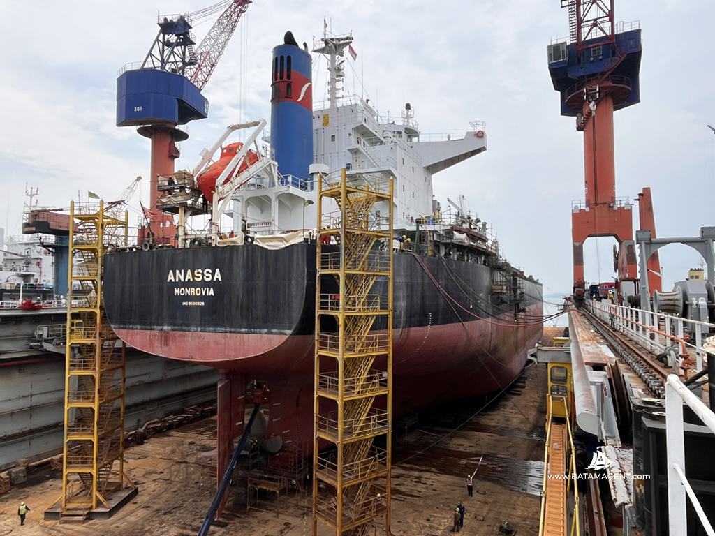 MV ANASSA at PaxOcean Shipyard in Batam, Indonesia, during her 2026 hull repair visit.